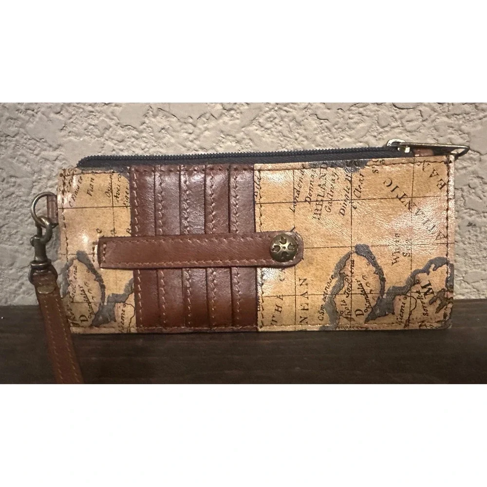 Patricia Nash Vintage Map Leather RFID Card Case Wristlet Wallet Brown Tan
